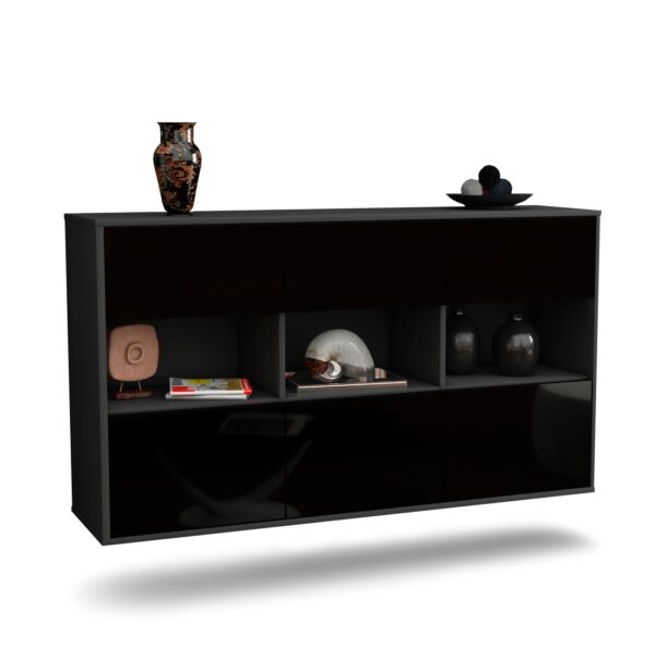 Sideboard Paterson | hängend | Korpus Anthrazit | Front in Hochglanz Schwarz | 136x79x35cm (BxHxT)