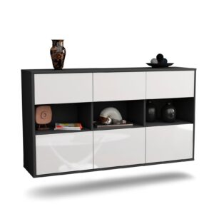 Sideboard Paterson | hängend | Korpus Anthrazit | Front in Hochglanz Weiß | 136x79x35cm (BxHxT)