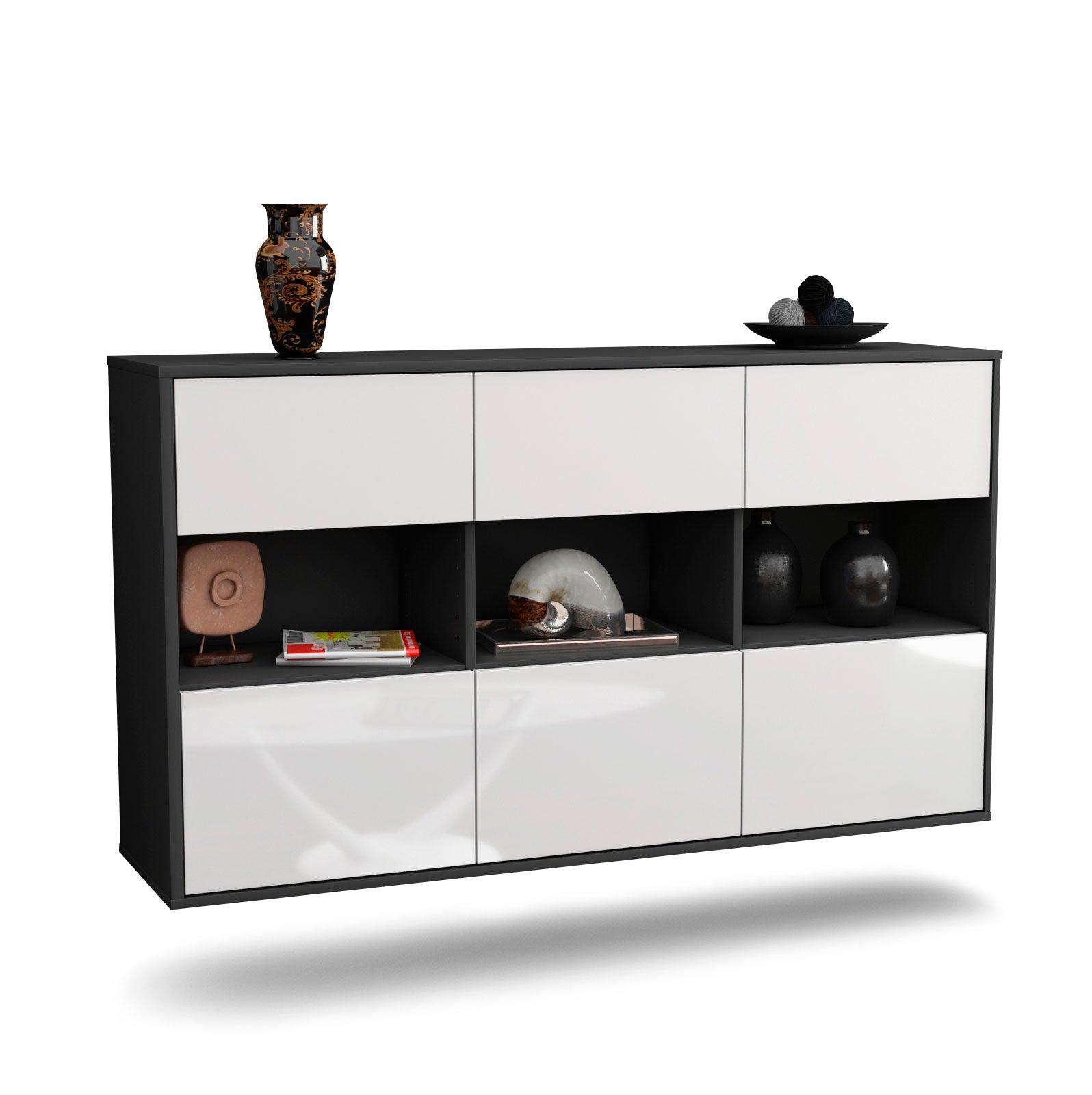 Sideboard Paterson | hängend | Korpus Anthrazit | Front in Hochglanz Weiß | 136x79x35cm (BxHxT) 1 Sideboard Paterson | hängend | Korpus Anthrazit | Front in Hochglanz Weiß | 136x79x35cm (BxHxT)