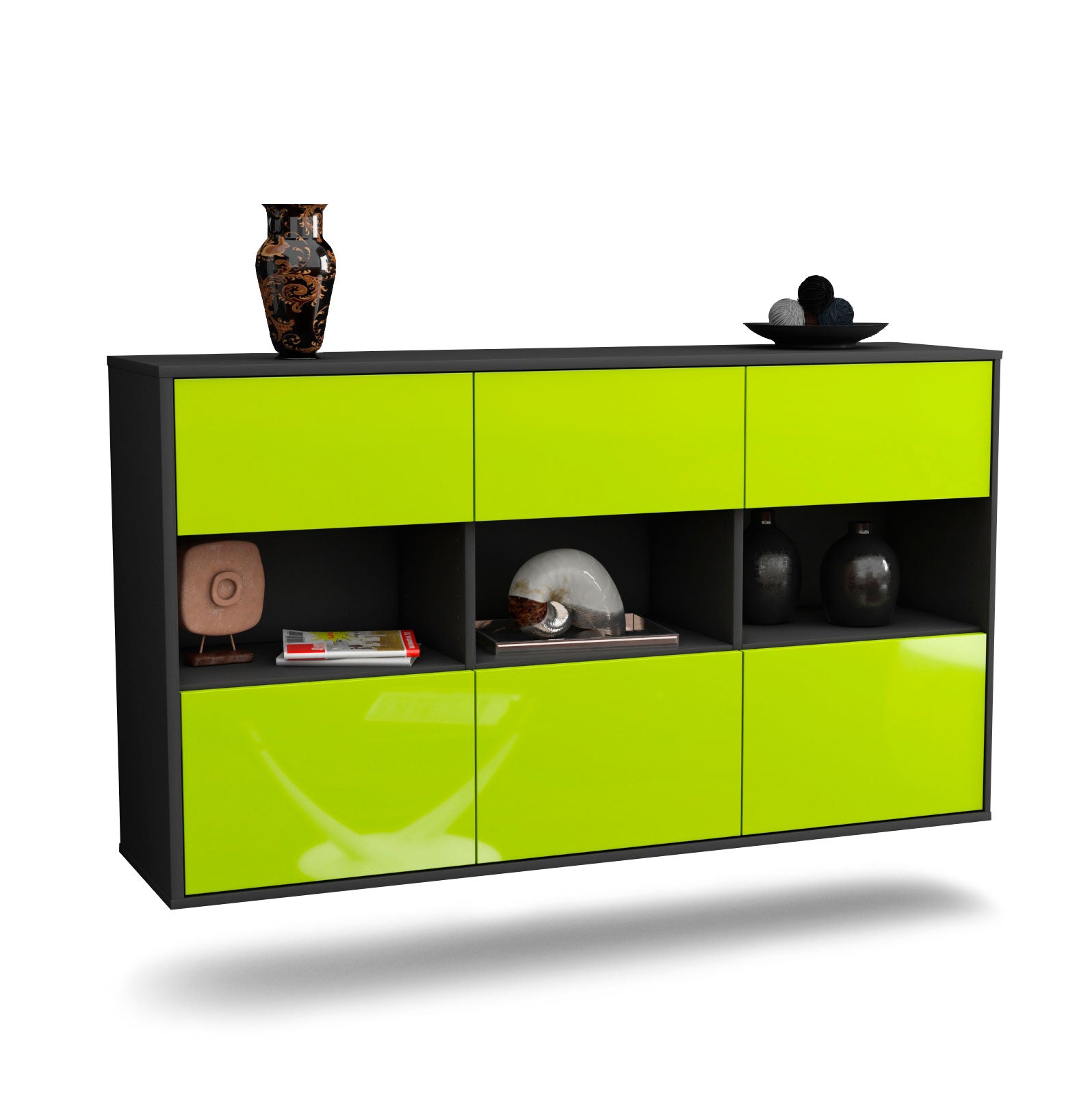 Sideboard Paterson | hängend | Korpus Anthrazit | Front in Hochglanz Grün | 136x79x35cm (BxHxT) 1 Sideboard Paterson | hängend | Korpus Anthrazit | Front in Hochglanz Grün | 136x79x35cm (BxHxT)