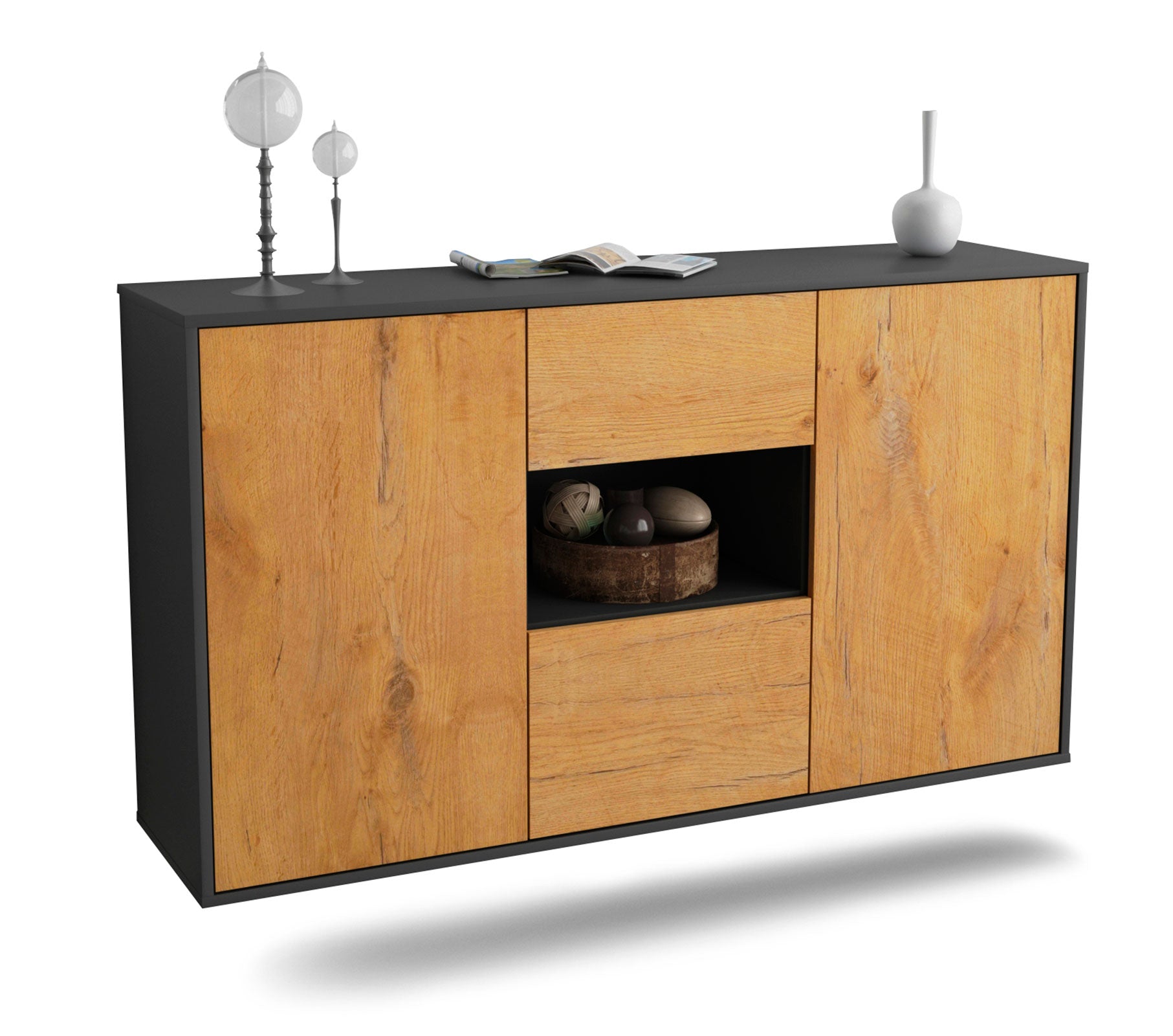 Sideboard Pasadena | hängend | Korpus Anthrazit | Front in Eiche Holz Optik | 136x79x35cm (BxHxT) 1 Sideboard Pasadena | hängend | Korpus Anthrazit | Front in Eiche Holz Optik | 136x79x35cm (BxHxT)