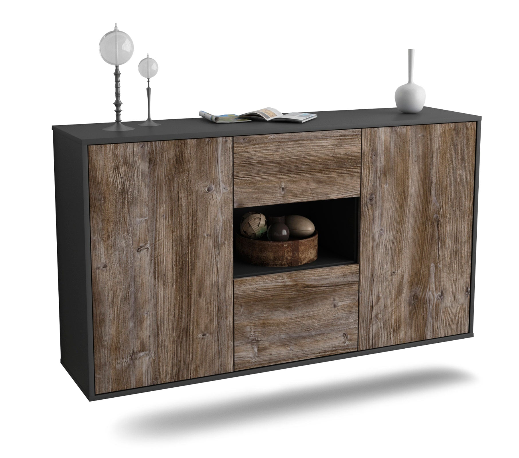 Sideboard Pasadena | hängend | Korpus Anthrazit | Front in Treibholz Holz Optik | 136x79x35cm (BxHxT) 1 Sideboard Pasadena | hängend | Korpus Anthrazit | Front in Treibholz Holz Optik | 136x79x35cm (BxHxT)