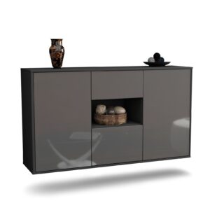 Sideboard Pasadena | hängend | Korpus Anthrazit | Front in Hochglanz Grau | 136x79x35cm (BxHxT)