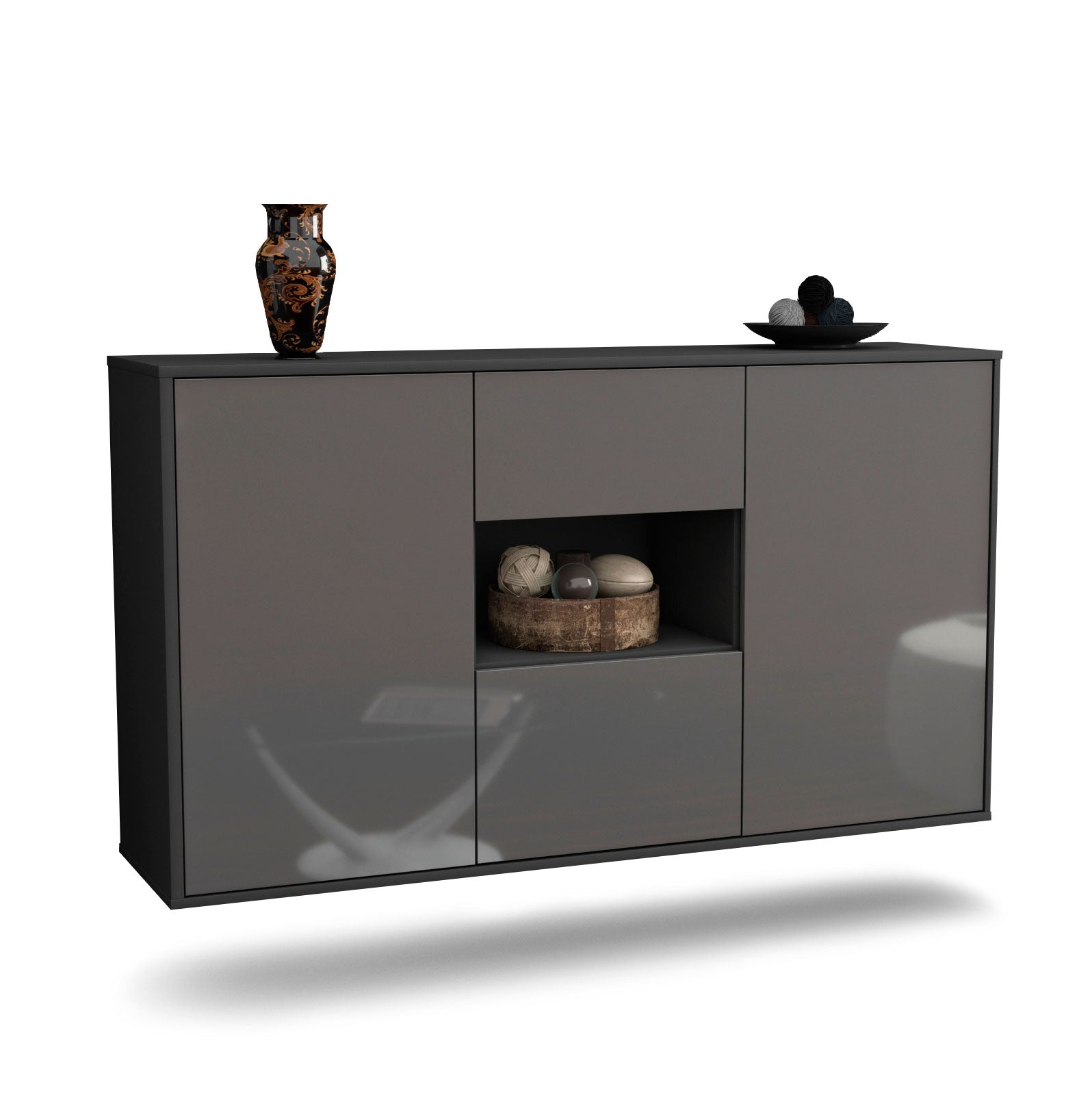 Sideboard Pasadena | hängend | Korpus Anthrazit | Front in Hochglanz Grau | 136x79x35cm (BxHxT) 1 Sideboard Pasadena | hängend | Korpus Anthrazit | Front in Hochglanz Grau | 136x79x35cm (BxHxT)