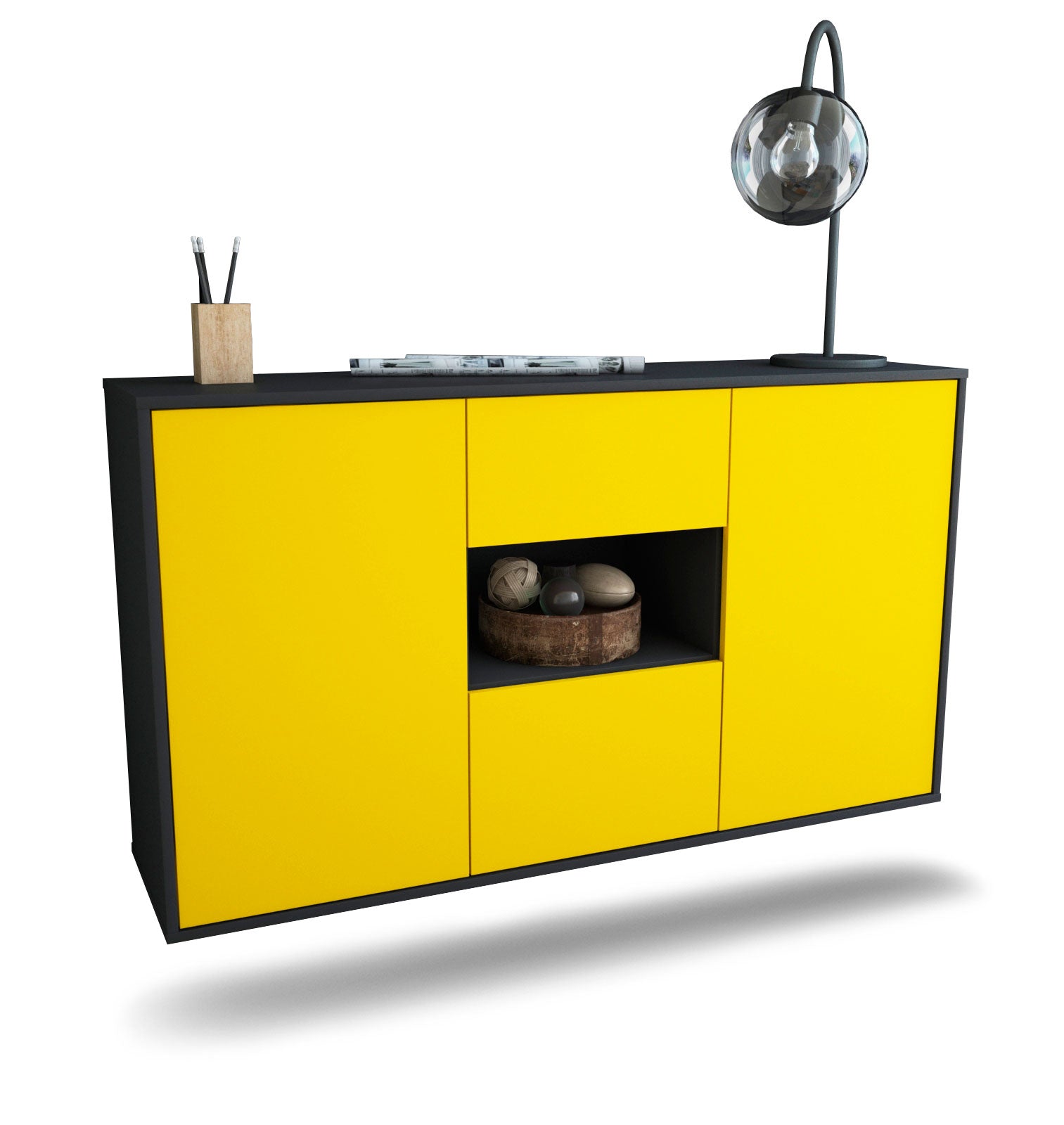 Sideboard Pasadena | hängend | Korpus Anthrazit | Front in Gelb | 136x79x35cm (BxHxT) 1 Sideboard Pasadena | hängend | Korpus Anthrazit | Front in Gelb | 136x79x35cm (BxHxT)