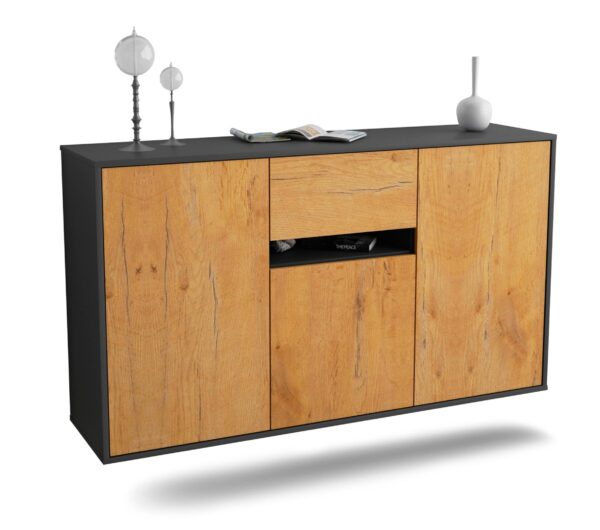 Sideboard Hampton | hängend | Korpus Anthrazit | Front in Eiche Holz Optik | 136x79x35cm (BxHxT)