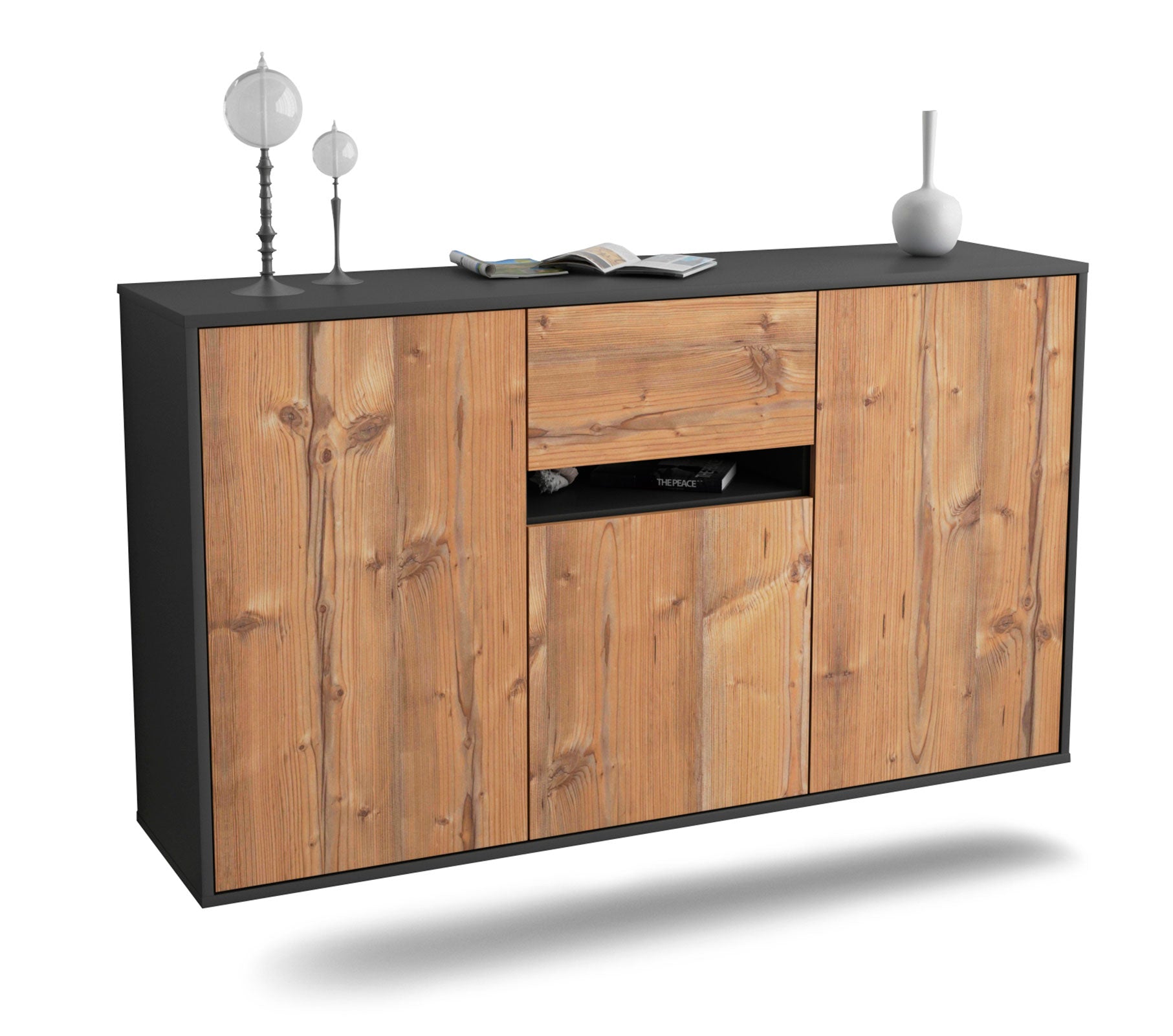 Sideboard Hampton | hängend | Korpus Anthrazit | Front in Pinie Holz Optik | 136x79x35cm (BxHxT) 1 Sideboard Hampton | hängend | Korpus Anthrazit | Front in Pinie Holz Optik | 136x79x35cm (BxHxT)