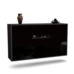 Sideboard Hampton | hängend | Korpus Anthrazit | Front in Hochglanz Schwarz | 136x79x35cm (BxHxT)