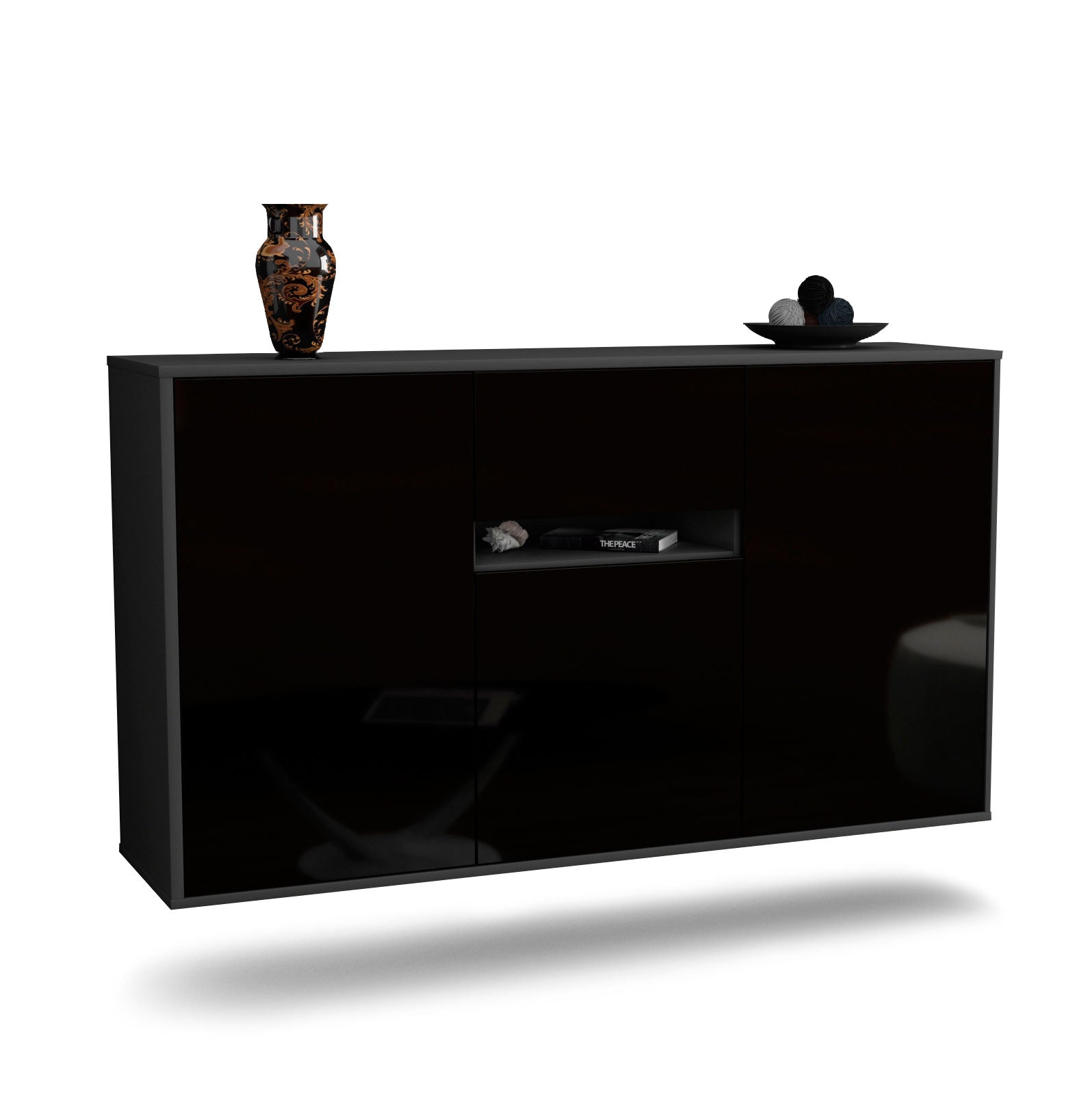 Sideboard Hampton | hängend | Korpus Anthrazit | Front in Hochglanz Schwarz | 136x79x35cm (BxHxT) 1 Sideboard Hampton | hängend | Korpus Anthrazit | Front in Hochglanz Schwarz | 136x79x35cm (BxHxT)