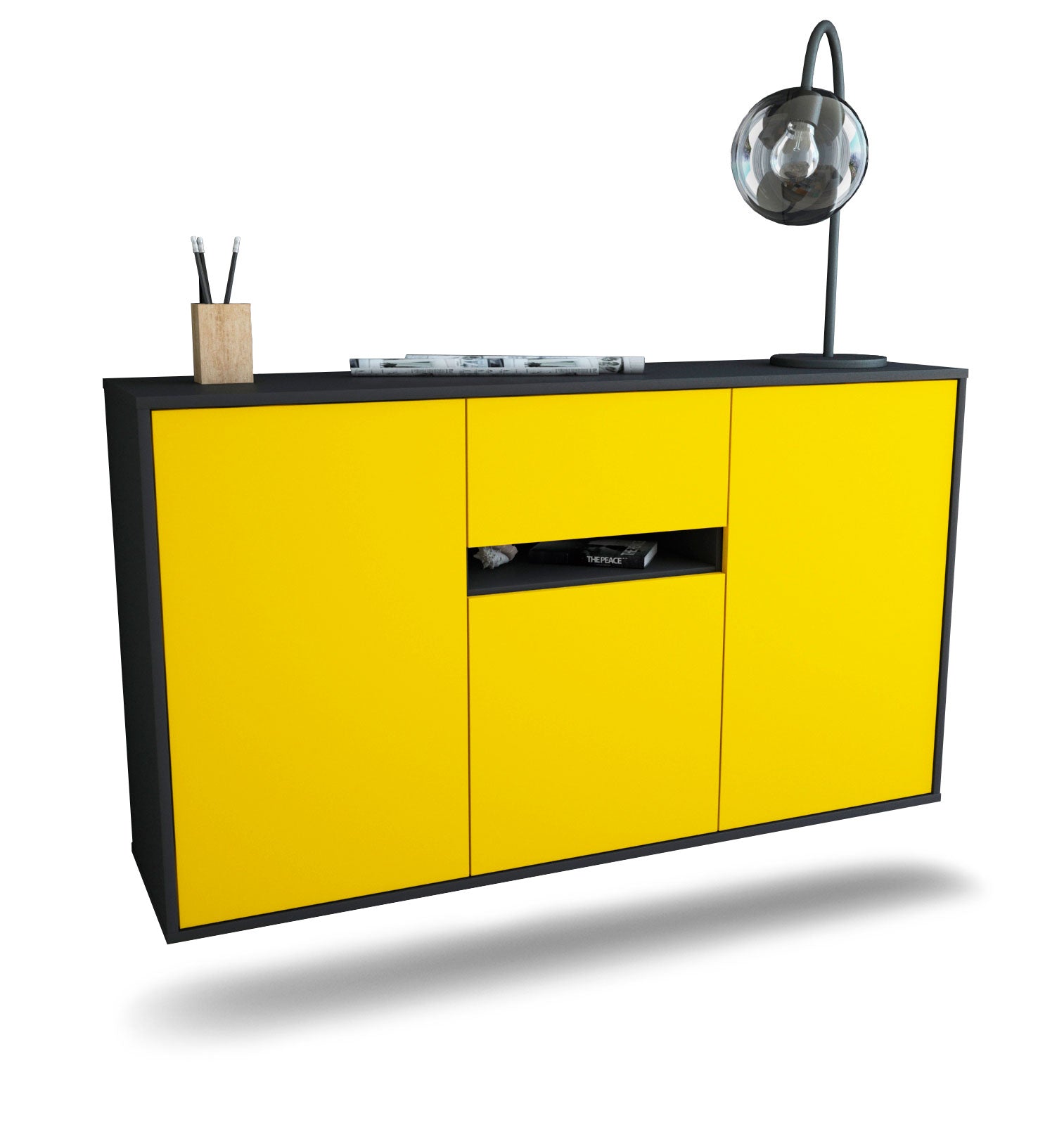 Sideboard Hampton | hängend | Korpus Anthrazit | Front in Gelb | 136x79x35cm (BxHxT) 1 Sideboard Hampton | hängend | Korpus Anthrazit | Front in Gelb | 136x79x35cm (BxHxT)