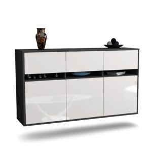 Sideboard Joliet | hängend | Korpus Anthrazit | Front in Hochglanz Weiß | 136x79x35cm (BxHxT)