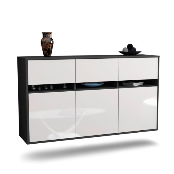 Sideboard Joliet | hängend | Korpus Anthrazit | Front in Hochglanz Weiß | 136x79x35cm (BxHxT)