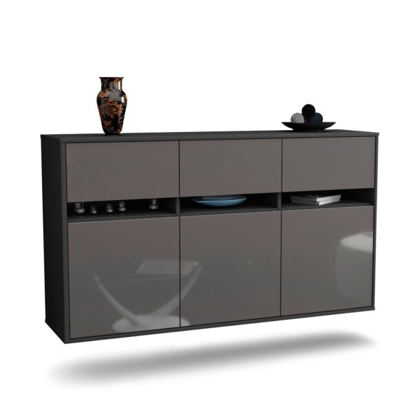 Sideboard Joliet | hängend | Korpus Anthrazit | Front in Hochglanz Grau | 136x79x35cm (BxHxT)