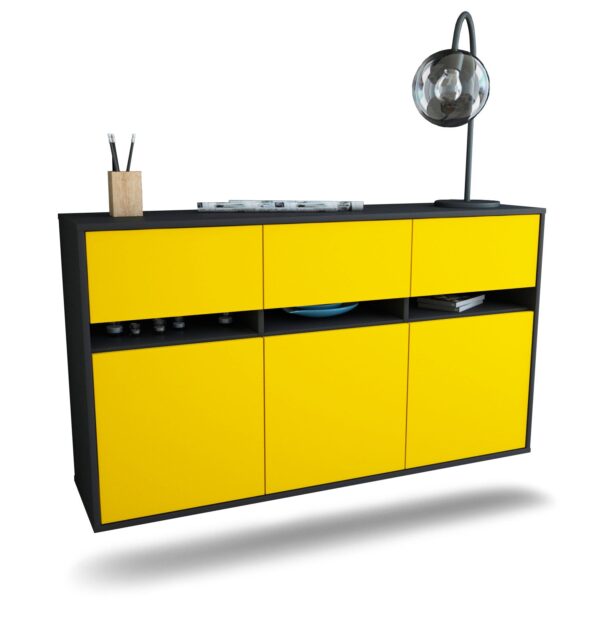 Sideboard Joliet | hängend | Korpus Anthrazit | Front in Gelb | 136x79x35cm (BxHxT)