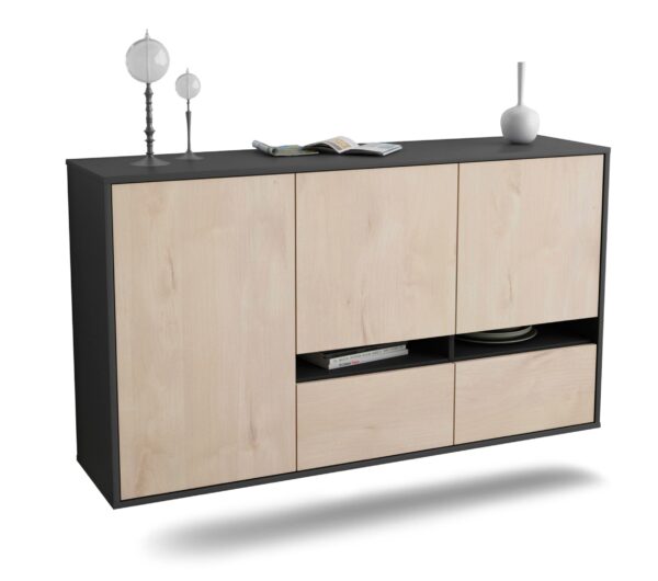 Sideboard Lancaster | hängend | Korpus Anthrazit | Front in Zeder Holz Optik | 136x79x35cm (BxHxT)