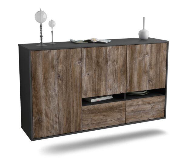 Sideboard Lancaster | hängend | Korpus Anthrazit | Front in Treibholz Holz Optik | 136x79x35cm (BxHxT)