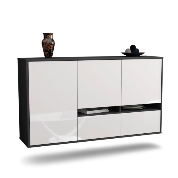 Sideboard Lancaster | hängend | Korpus Anthrazit | Front in Hochglanz Weiß | 136x79x35cm (BxHxT)