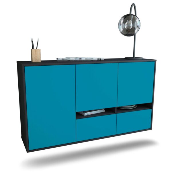 Sideboard Lancaster | hängend | Korpus Anthrazit | Front in Türkis | 136x79x35cm (BxHxT)