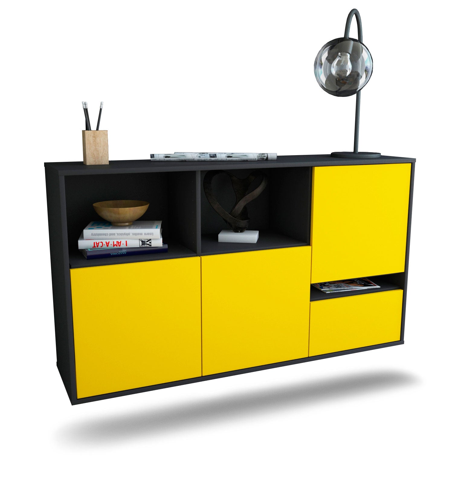 Sideboard Salinas | hängend | Korpus Anthrazit | Front in Gelb | 136x79x35cm (BxHxT) 1 Sideboard Salinas | hängend | Korpus Anthrazit | Front in Gelb | 136x79x35cm (BxHxT)