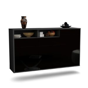 Sideboard Hollywood | hängend | Korpus Anthrazit | Front in Hochglanz Schwarz | 136x79x35cm (BxHxT)