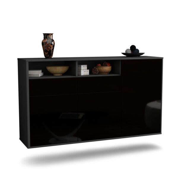 Sideboard Hollywood | hängend | Korpus Anthrazit | Front in Hochglanz Schwarz | 136x79x35cm (BxHxT)