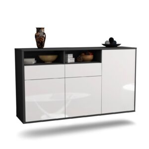 Sideboard Hollywood | hängend | Korpus Anthrazit | Front in Hochglanz Weiß | 136x79x35cm (BxHxT)