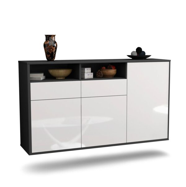 Sideboard Hollywood | hängend | Korpus Anthrazit | Front in Hochglanz Weiß | 136x79x35cm (BxHxT)