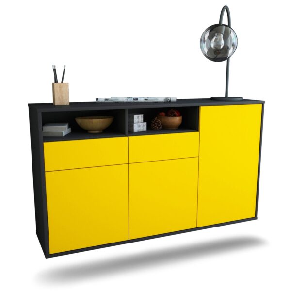 Sideboard Hollywood | hängend | Korpus Anthrazit | Front in Gelb | 136x79x35cm (BxHxT)