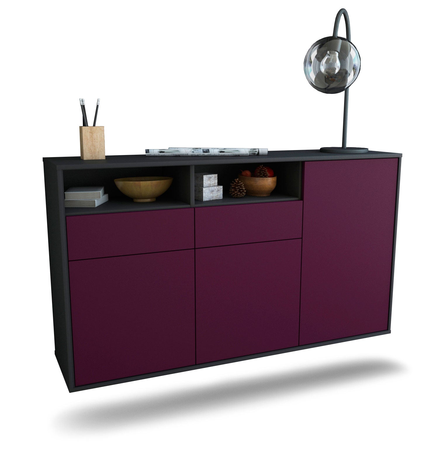 Sideboard Hollywood | hängend | Korpus Anthrazit | Front in Lila | 136x79x35cm (BxHxT) 1 Sideboard Hollywood | hängend | Korpus Anthrazit | Front in Lila | 136x79x35cm (BxHxT)