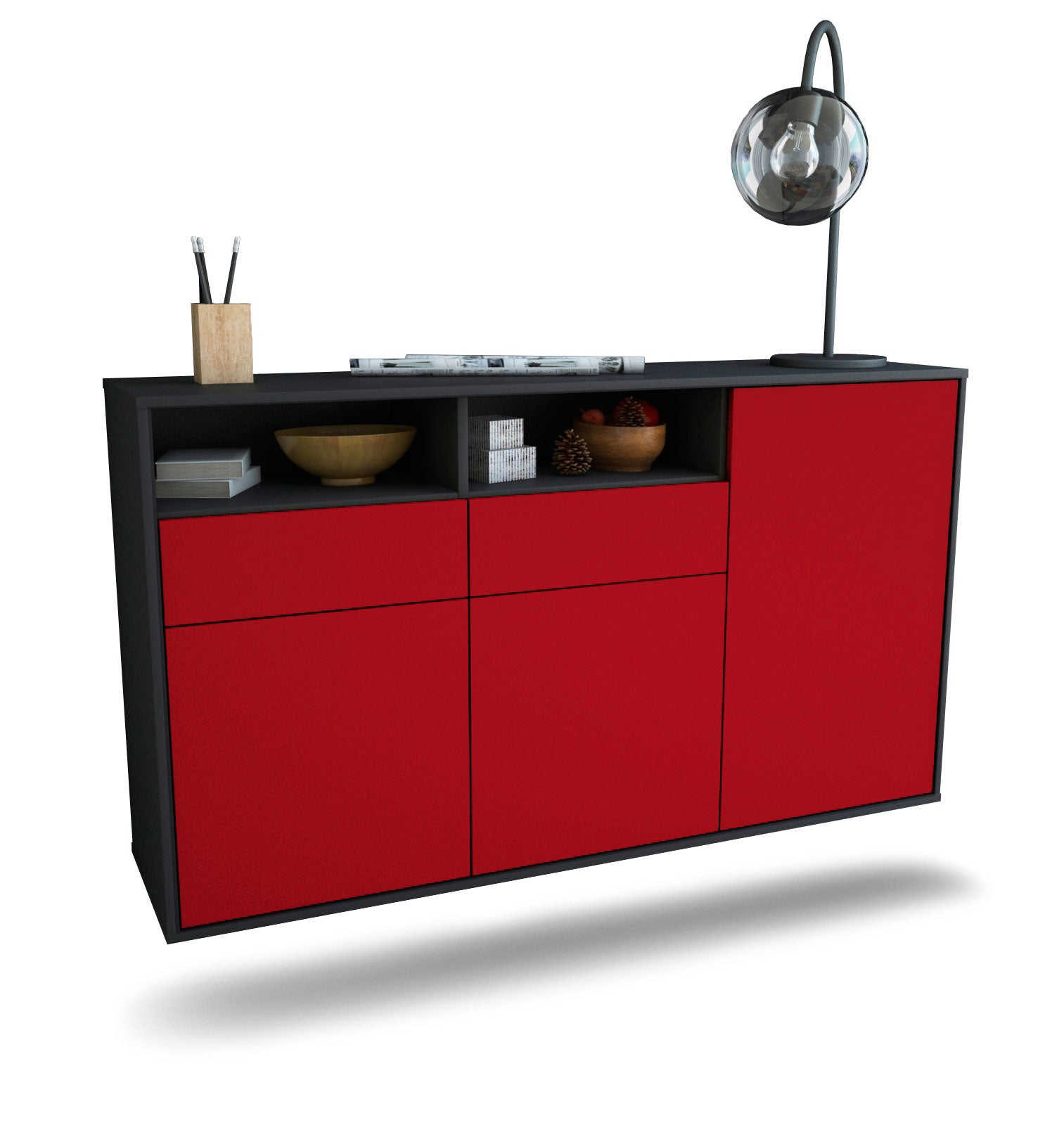 Sideboard Hollywood | hängend | Korpus Anthrazit | Front in Bordeaux | 136x79x35cm (BxHxT) 1 Sideboard Hollywood | hängend | Korpus Anthrazit | Front in Bordeaux | 136x79x35cm (BxHxT)