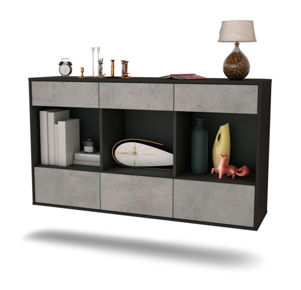 Sideboard Torrance | hängend | Korpus Anthrazit | Front in Beton Optik | 136x79x35cm (BxHxT)