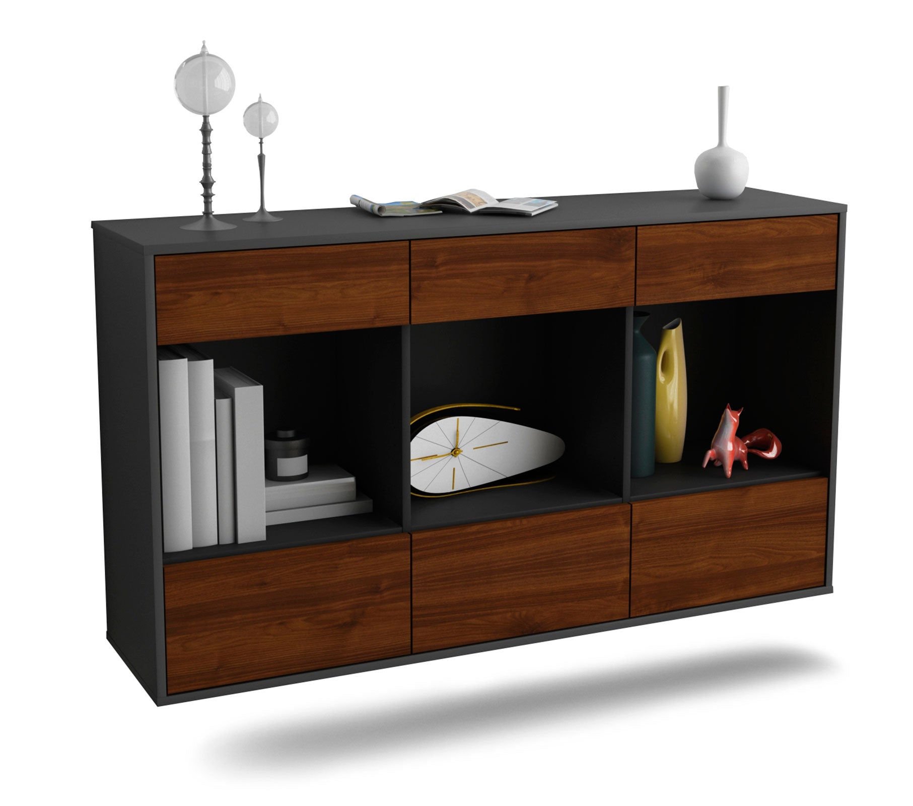 Sideboard Torrance | hängend | Korpus Anthrazit | Front in Walnuss Holz Optik | 136x79x35cm (BxHxT) 1 Sideboard Torrance | hängend | Korpus Anthrazit | Front in Walnuss Holz Optik | 136x79x35cm (BxHxT)