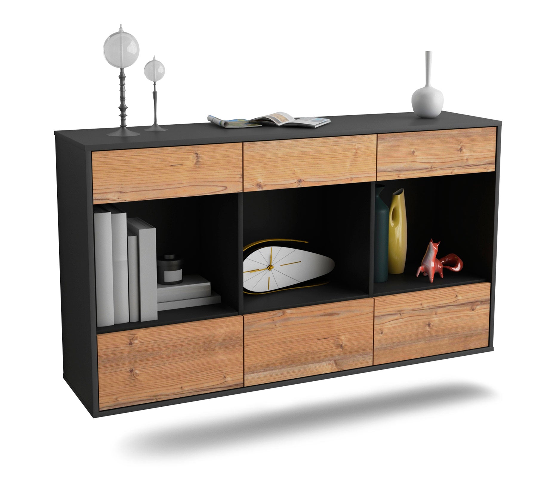 Sideboard Torrance | hängend | Korpus Anthrazit | Front in Pinie Holz Optik | 136x79x35cm (BxHxT) 1 Sideboard Torrance | hängend | Korpus Anthrazit | Front in Pinie Holz Optik | 136x79x35cm (BxHxT)
