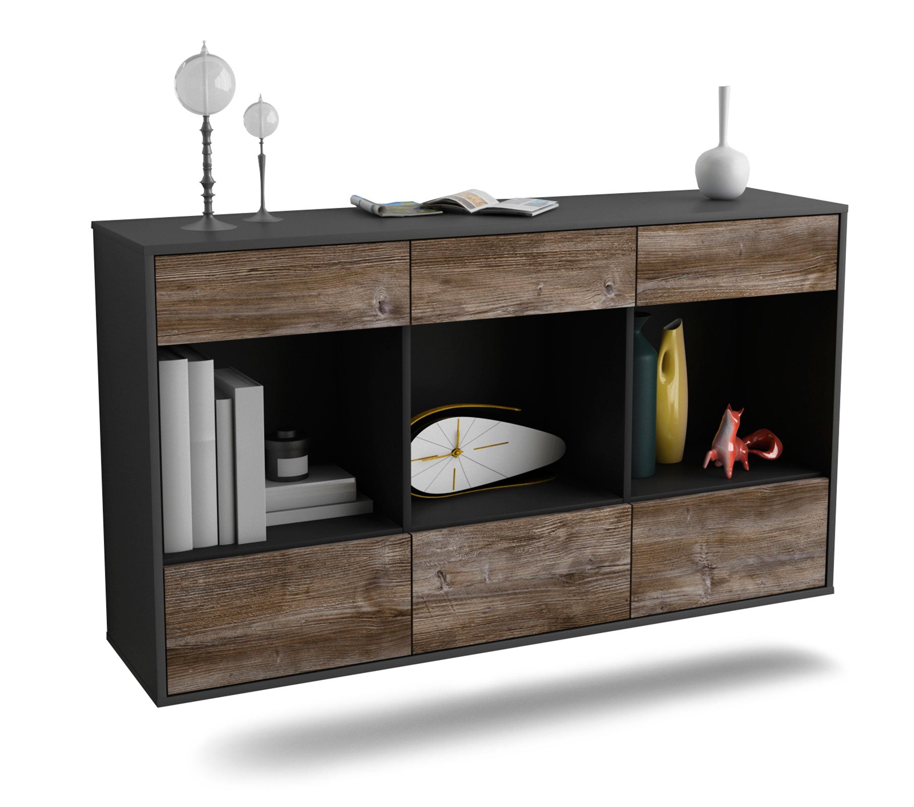 Sideboard Torrance | hängend | Korpus Anthrazit | Front in Treibholz Holz Optik | 136x79x35cm (BxHxT) 1 Sideboard Torrance | hängend | Korpus Anthrazit | Front in Treibholz Holz Optik | 136x79x35cm (BxHxT)