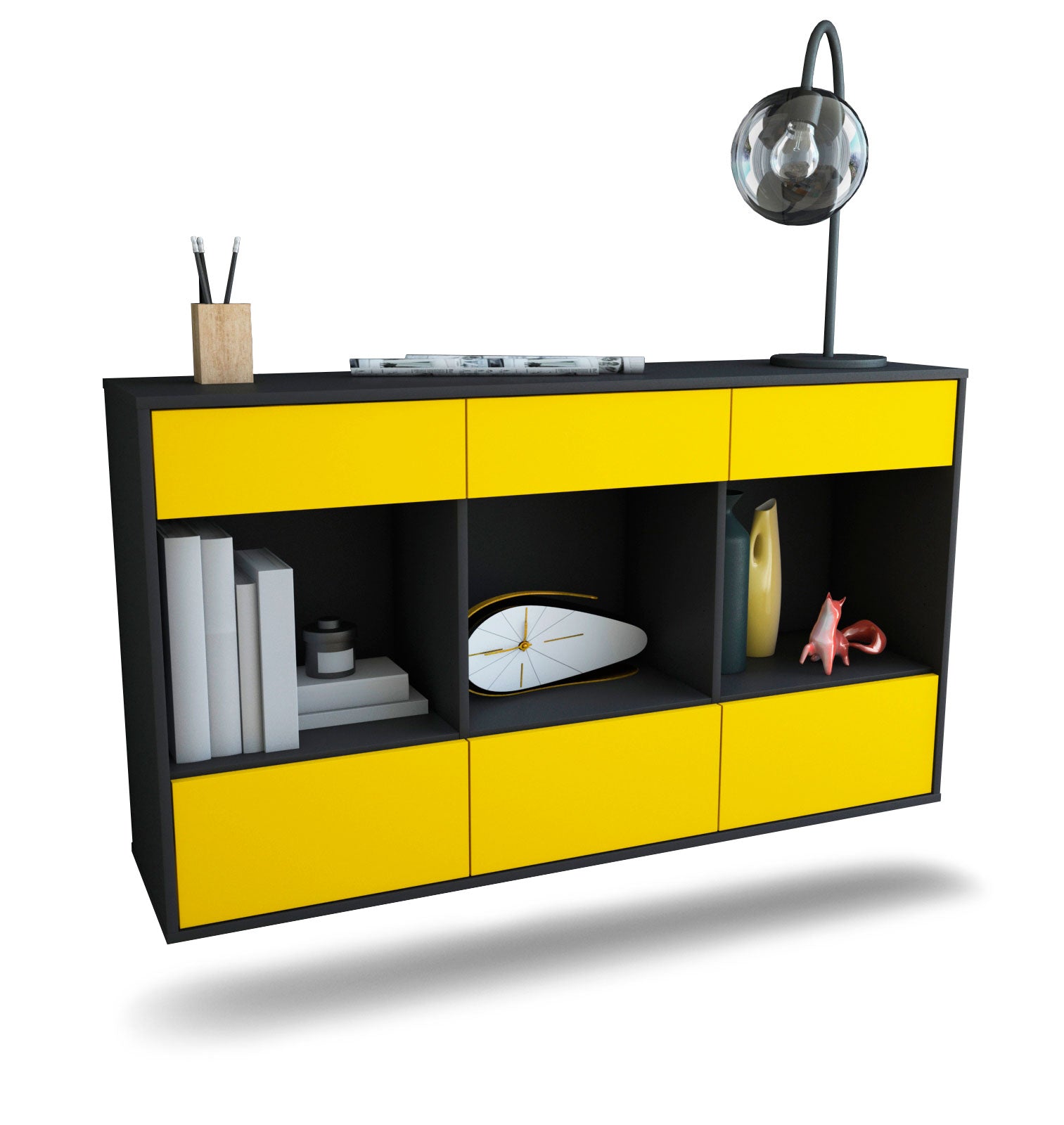 Sideboard Torrance | hängend | Korpus Anthrazit | Front in Gelb | 136x79x35cm (BxHxT) 1 Sideboard Torrance | hängend | Korpus Anthrazit | Front in Gelb | 136x79x35cm (BxHxT)