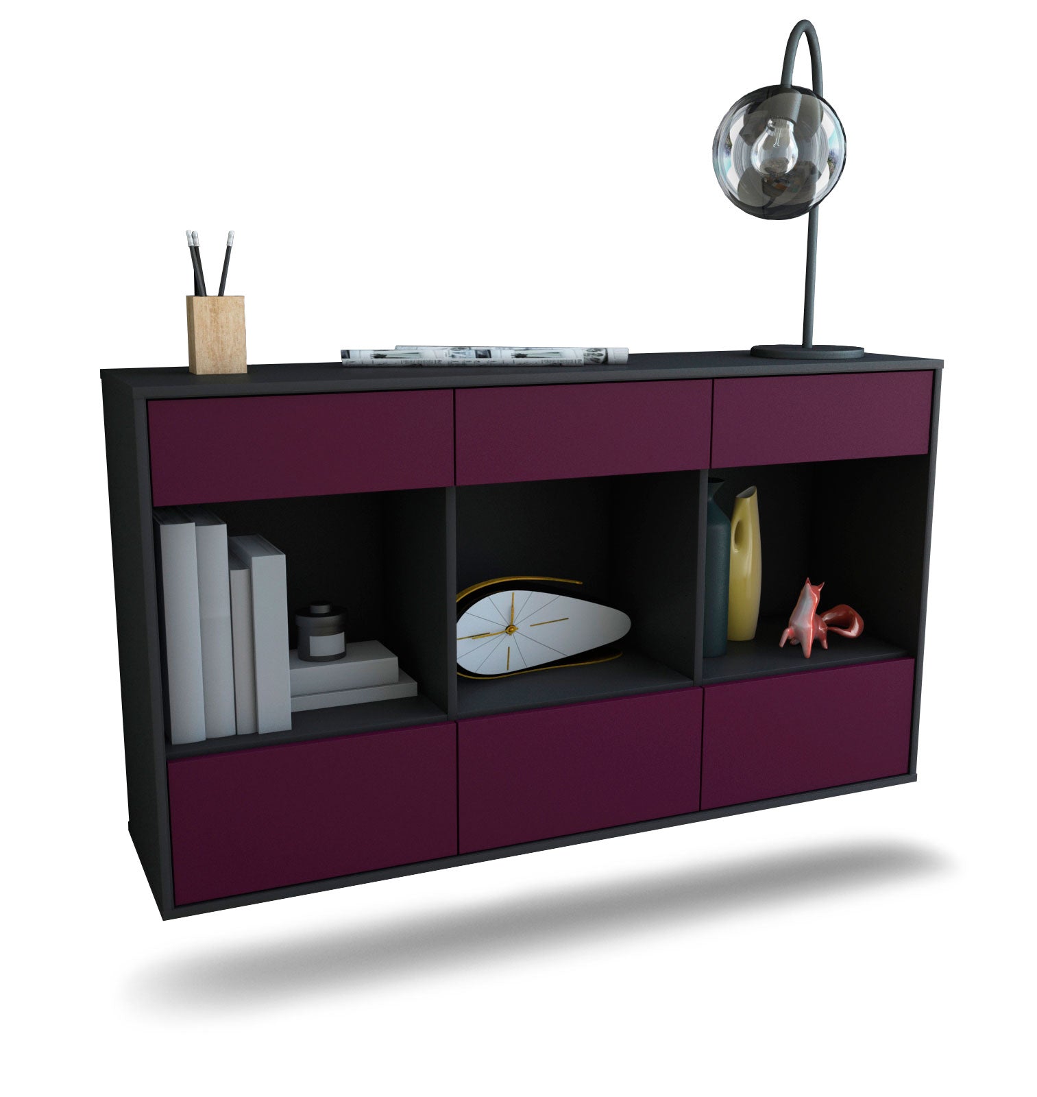 Sideboard Torrance | hängend | Korpus Anthrazit | Front in Lila | 136x79x35cm (BxHxT) 1 Sideboard Torrance | hängend | Korpus Anthrazit | Front in Lila | 136x79x35cm (BxHxT)