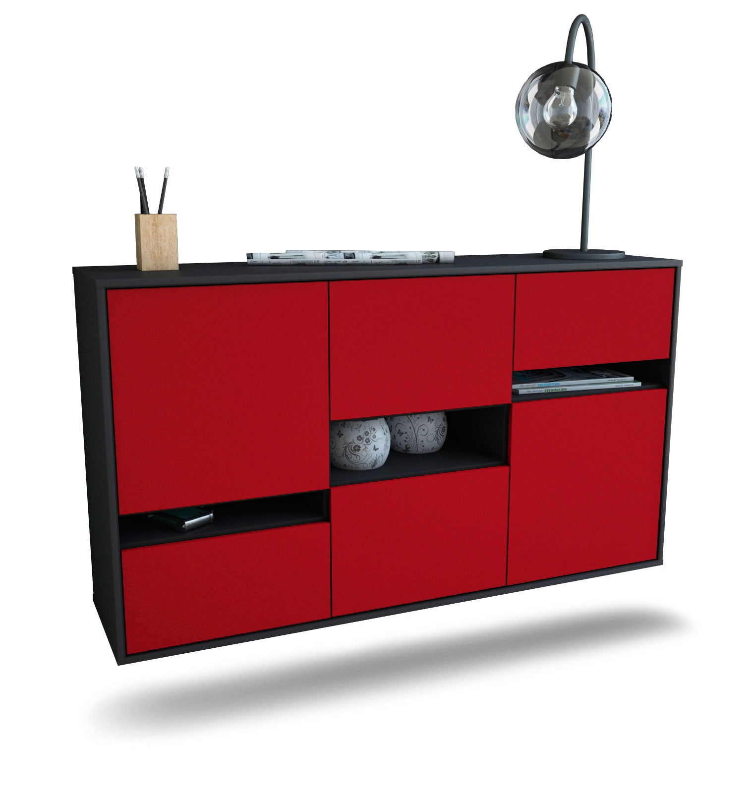 Sideboard Hayward | hängend | Korpus Anthrazit | Front in Bordeaux | 136x79x35cm (BxHxT) 1 Sideboard Hayward | hängend | Korpus Anthrazit | Front in Bordeaux | 136x79x35cm (BxHxT)