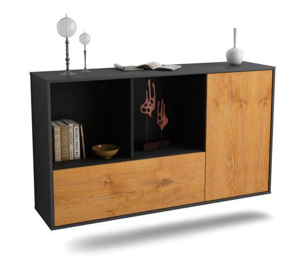 Sideboard Palmdale | hängend | Korpus Anthrazit | Front in Eiche Holz Optik | 136x79x35cm (BxHxT)