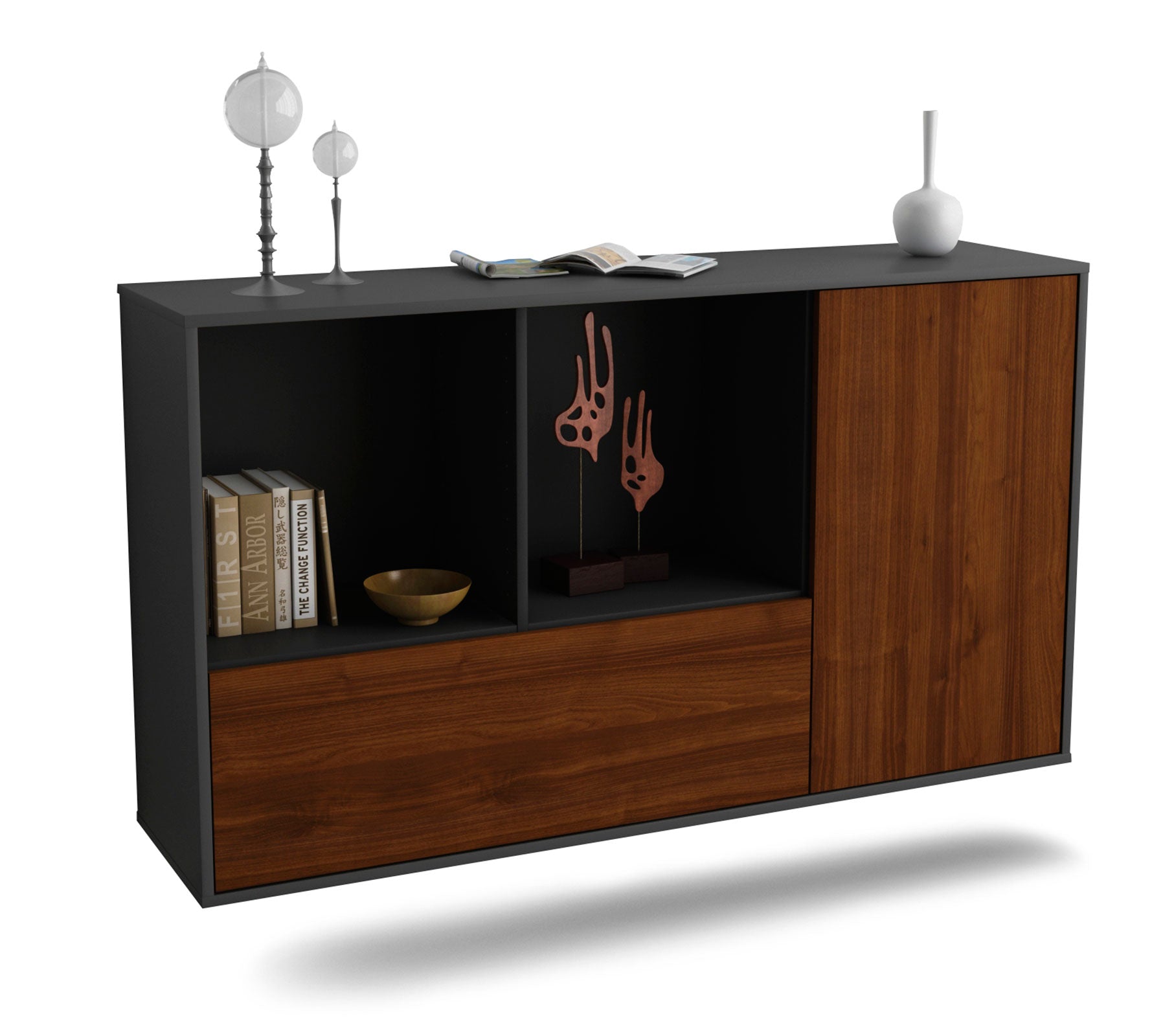 Sideboard Palmdale | hängend | Korpus Anthrazit | Front in Walnuss Holz Optik | 136x79x35cm (BxHxT) 1 Sideboard Palmdale | hängend | Korpus Anthrazit | Front in Walnuss Holz Optik | 136x79x35cm (BxHxT)