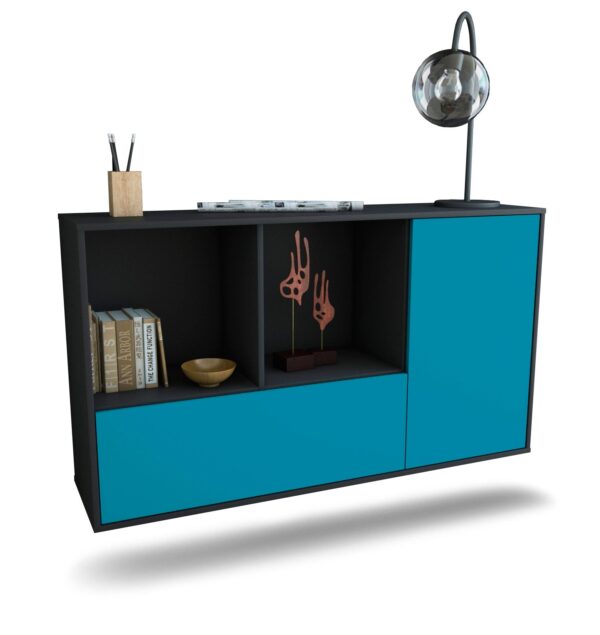Sideboard Palmdale | hängend | Korpus Anthrazit | Front in Türkis | 136x79x35cm (BxHxT)