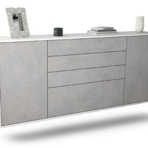 Sideboard Alexandria | hängend | Korpus Weiß | Front in Beton Optik | 180x79x35cm (BxHxT)