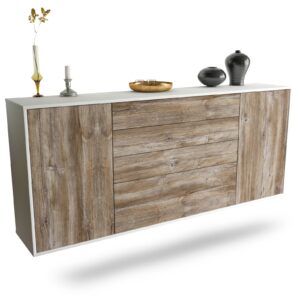 Sideboard Alexandria | hängend | Korpus Weiß | Front in Treibholz Holz Optik | 180x79x35cm (BxHxT)