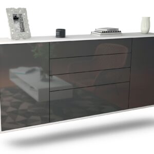Sideboard Alexandria | hängend | Korpus Weiß | Front in Hochglanz Grau | 180x79x35cm (BxHxT)