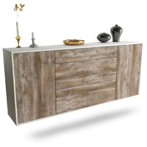 Sideboard Syracuse | hängend | Korpus Weiß | Front in Treibholz Holz Optik | 180x79x35cm (BxHxT)