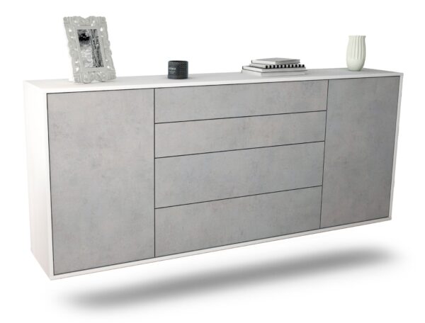 Sideboard Bridgeport | hängend | Korpus Weiß | Front in Beton Optik | 180x79x35cm (BxHxT)