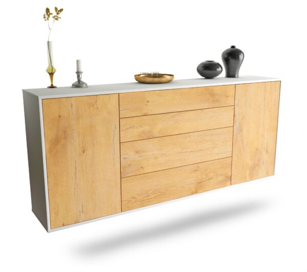 Sideboard Bridgeport | hängend | Korpus Weiß | Front in Eiche Holz Optik | 180x79x35cm (BxHxT)