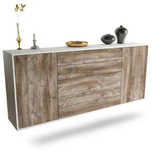 Sideboard Bridgeport | hängend | Korpus Weiß | Front in Treibholz Holz Optik | 180x79x35cm (BxHxT)