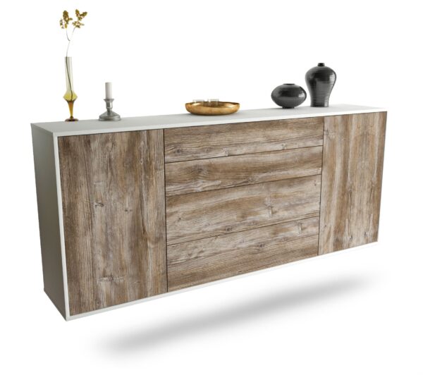 Sideboard Bridgeport | hängend | Korpus Weiß | Front in Treibholz Holz Optik | 180x79x35cm (BxHxT)