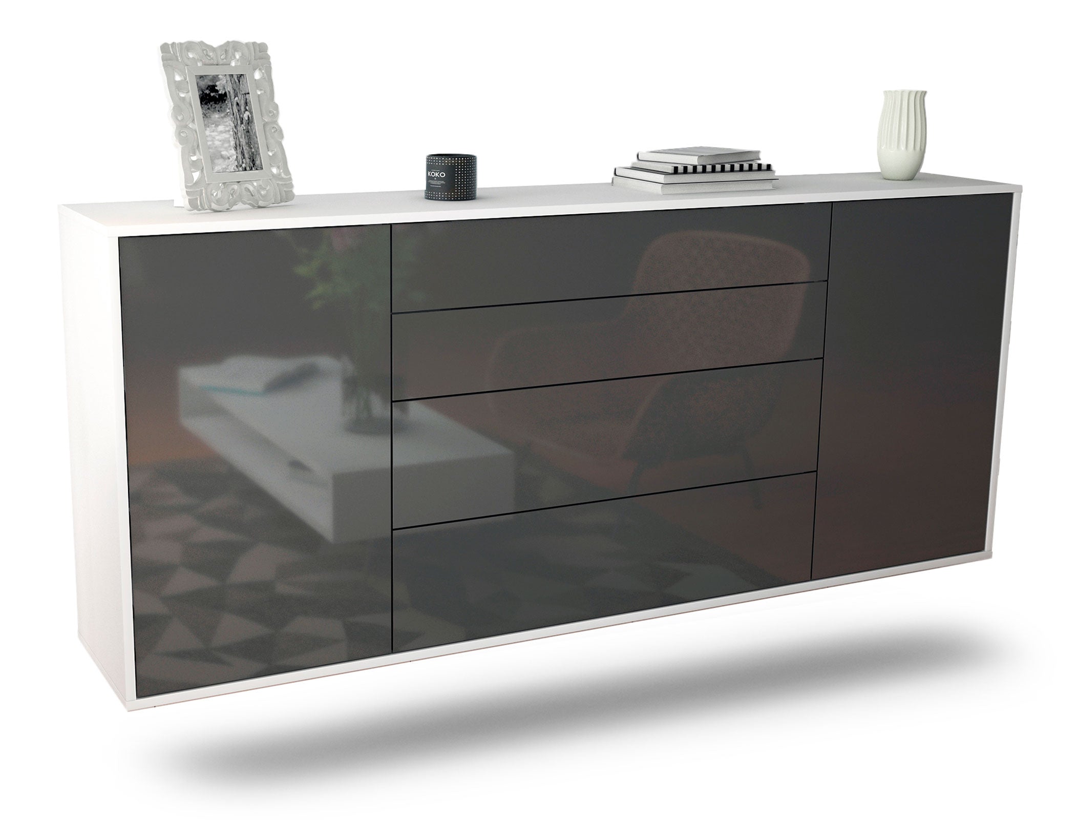 Sideboard Bridgeport | hängend | Korpus Weiß | Front in Hochglanz Grau | 180x79x35cm (BxHxT) 1 Sideboard Bridgeport | hängend | Korpus Weiß | Front in Hochglanz Grau | 180x79x35cm (BxHxT)