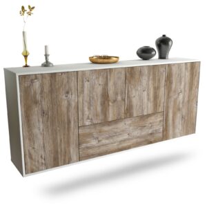 Sideboard Escondido | hängend | Korpus Weiß | Front in Treibholz Holz Optik | 180x79x35cm (BxHxT)
